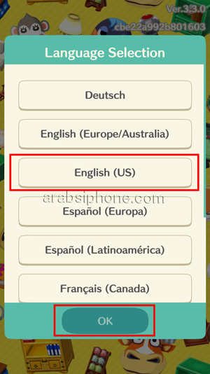 اختيار اللغة الانجليزية English في لعبة انيمال كروسينج