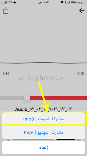 الضغط على خيار مشاركة الصوت MP3